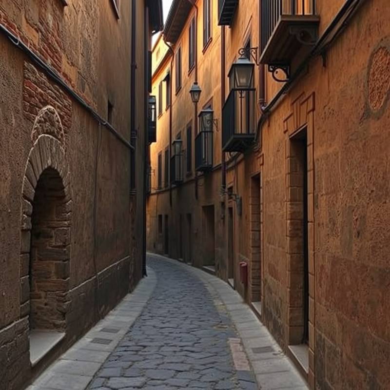 Calle estrecha y empedrada en el casco antiguo de Toledo.