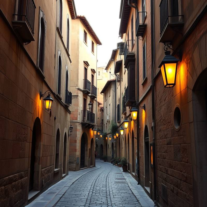 Calle estrecha y empedrada en el casco antiguo de Toledo, mostrando edificios antiguos y faroles tradicionales.