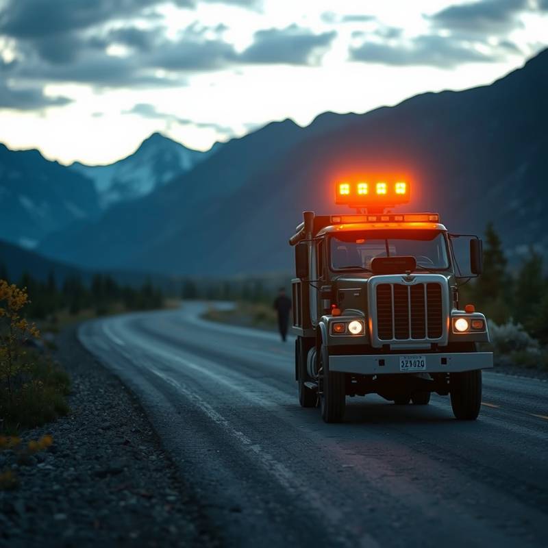 Camión de transporte de equipos de rodaje en una carretera con un paisaje de montañas al fondo.