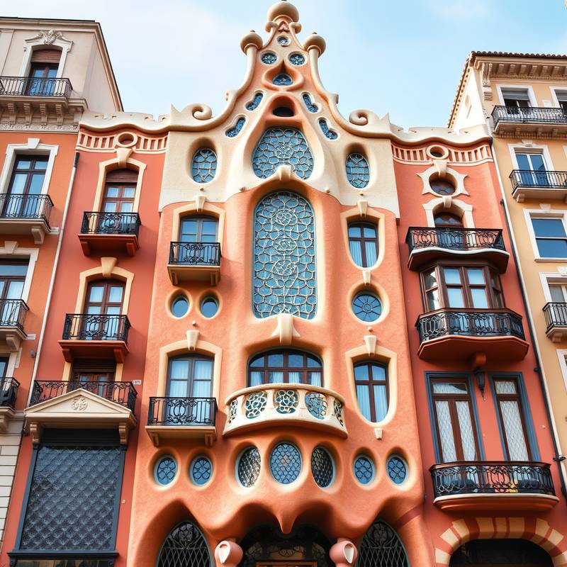 Casa Batlló, Barcelona, mostrando su fachada modernista con vidrieras coloridas y balcones únicos.