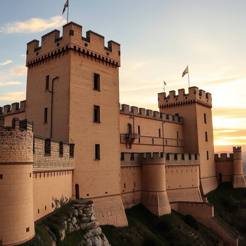 Castillo de Coca, Segovia, iluminado al atardecer, mostrando sus imponentes torres y murallas.
