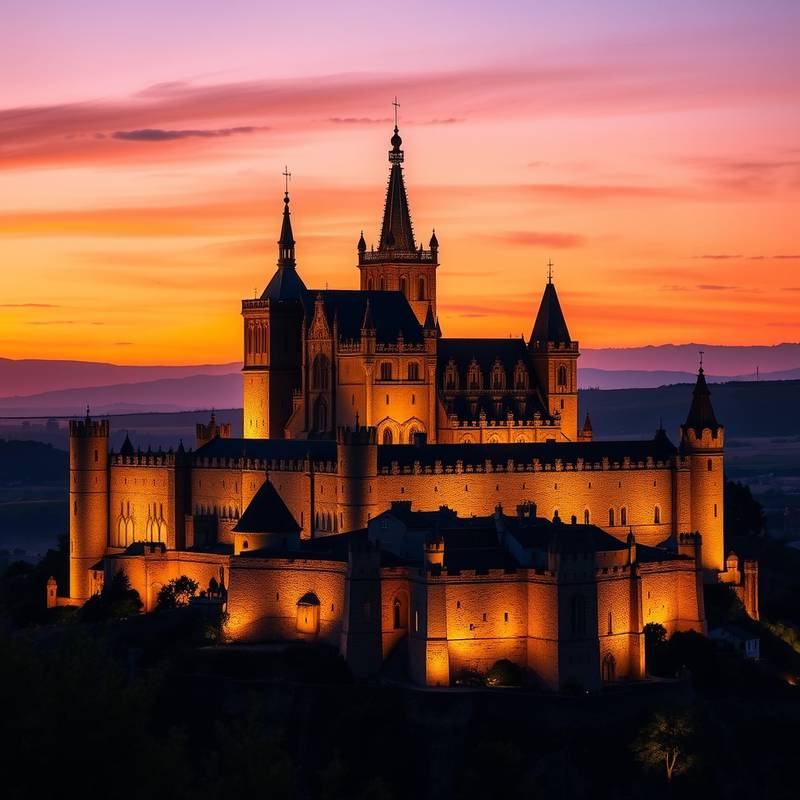Castillo medieval iluminado al atardecer en Segovia.