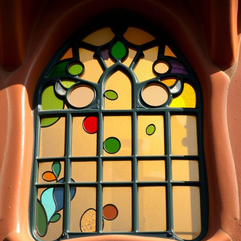 Detalle de una ventana de la Casa Batlló, mostrando sus vidrieras coloridas y formas orgánicas.
