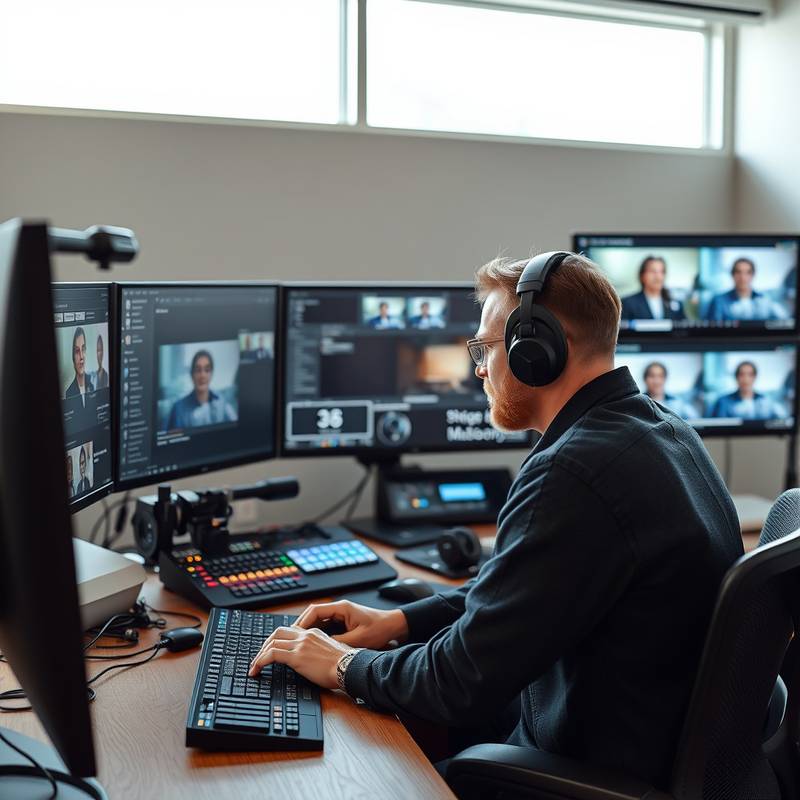 Editor de video trabajando en una estación de edición con múltiples pantallas y equipos de sonido.