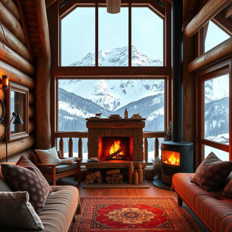 El interior acogedor de un refugio de montaña nevado en los Pirineos, con una chimenea encendida y vistas a la nieve afuera.
