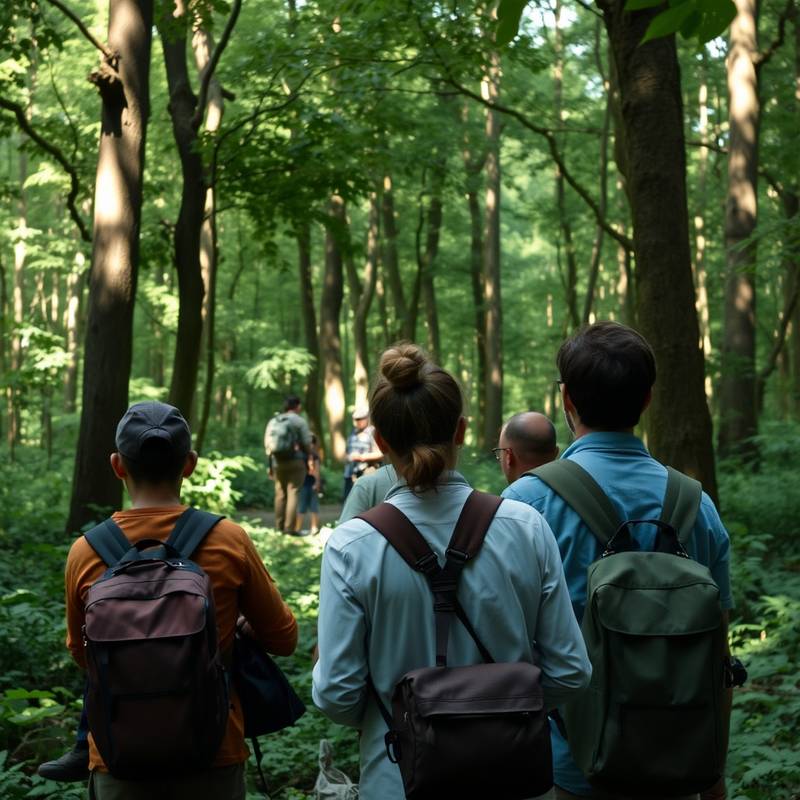 Equipo de location managers explorando un bosque frondoso en busca de la ubicación ideal para un rodaje.