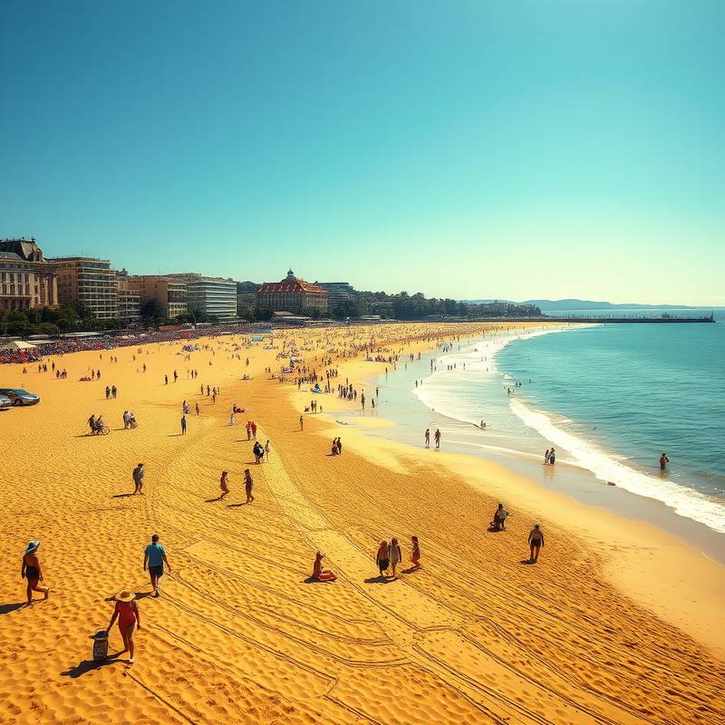 La Playa de la Concha en San Sebastián, con su arena dorada y el paseo marítimo lleno de gente disfrutando del sol.