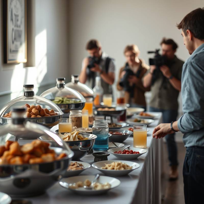 Mesa de catering con variedad de alimentos y bebidas para un equipo de rodaje durante un descanso.