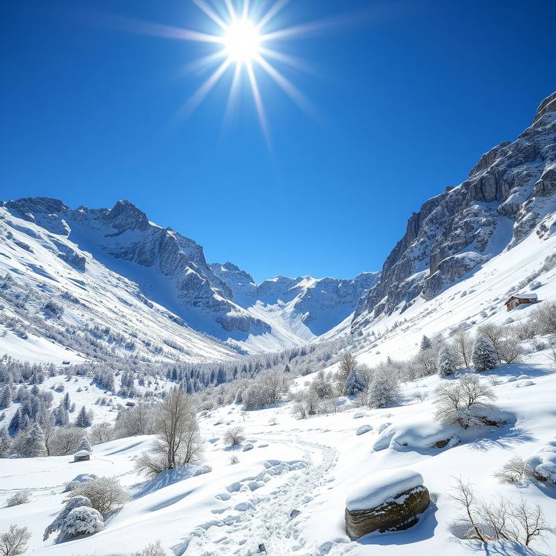 Refugio de montaña nevado en los Pirineos, con un cielo azul brillante, mostrando un paisaje invernal impresionante.
