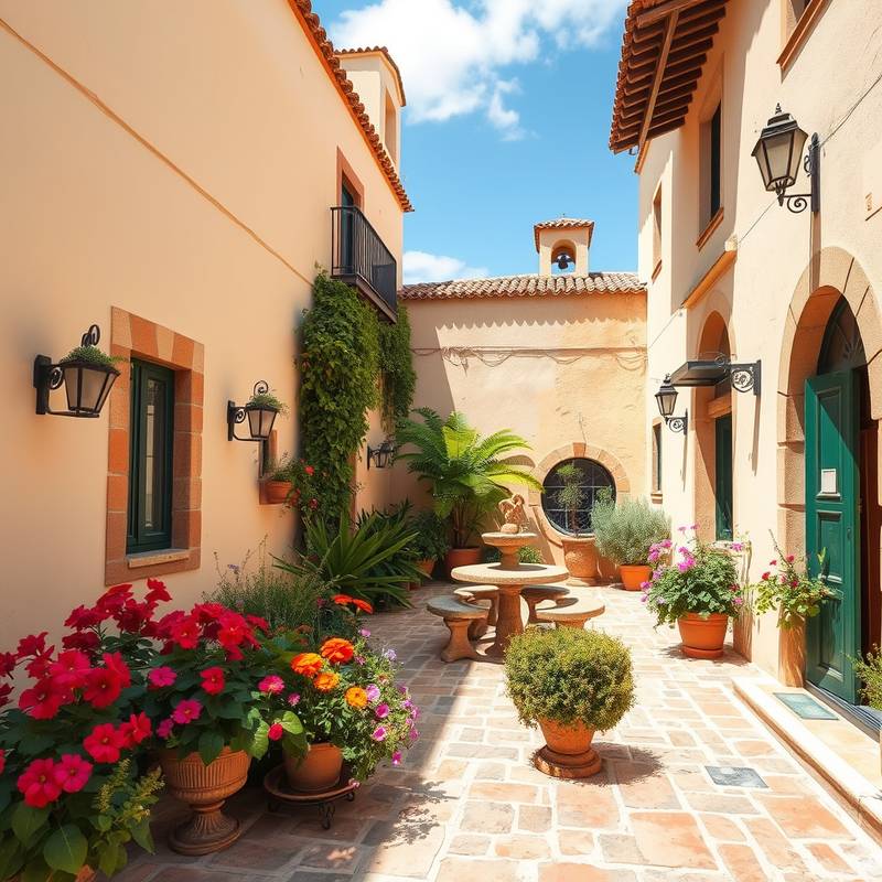 Una hermosa casa rural con un patio andaluz lleno de flores y detalles arquitectónicos típicos de Sevilla.