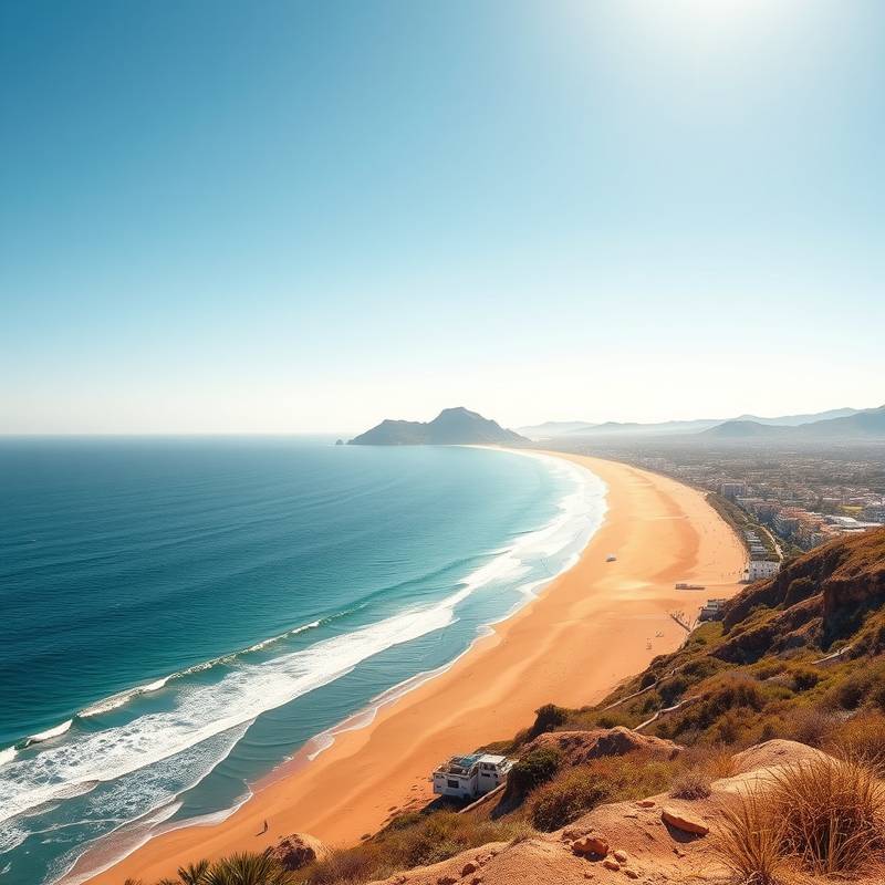 Una vista panorámica de la Playa de la Concha, mostrando el paseo marítimo, la playa dorada y la isla de Santa Clara al fondo.
