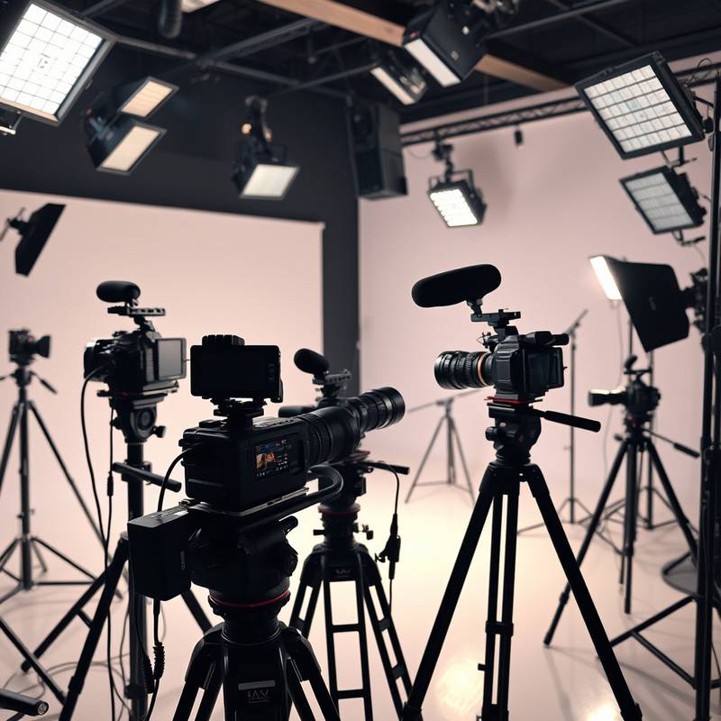 Variedad de equipos audiovisuales profesionales, incluyendo cámaras de cine, micrófonos, luces y trípodes, dispuestos en un estudio de filmación.